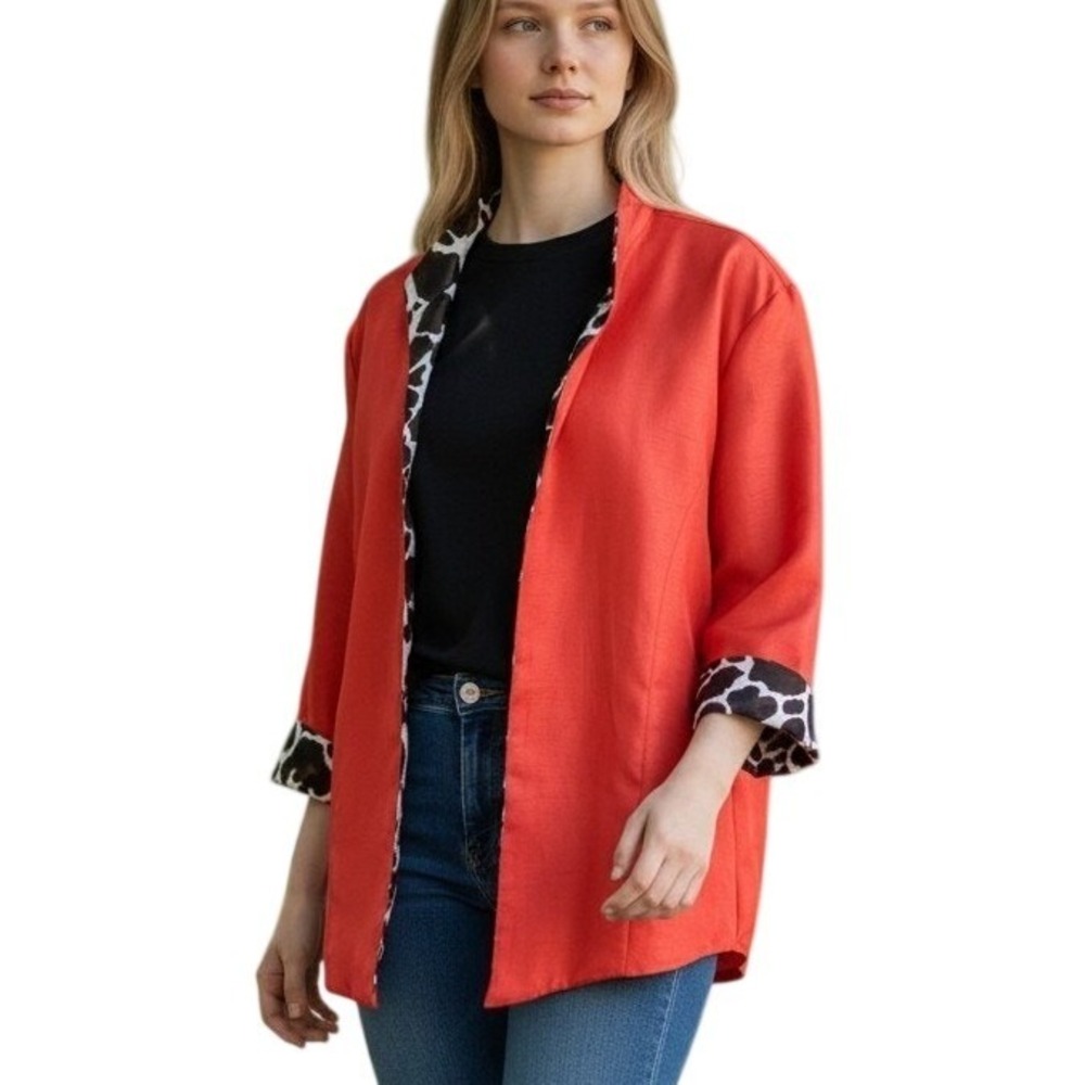 Chico's Reversable Giraffe Animal Print & Red Silk Shantung Jacket 3/4 Sleeves
